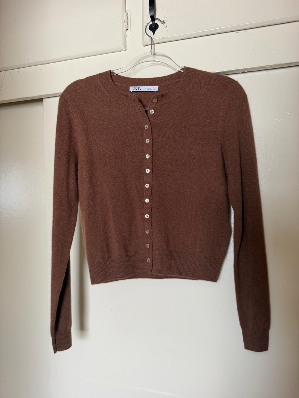Zara Women’s Brown Button-Front Crewneck Cardigan